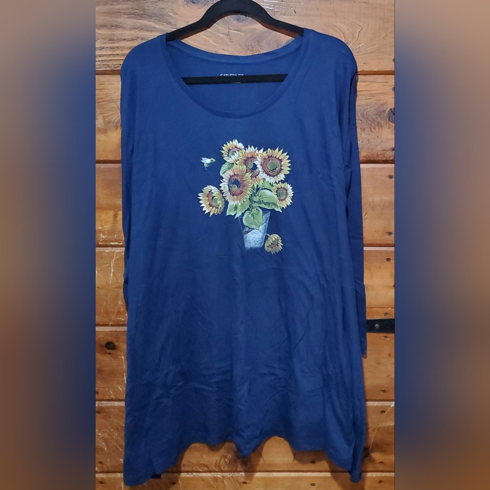 Sunflower Print Navy 3/4 Length Sleeve Top